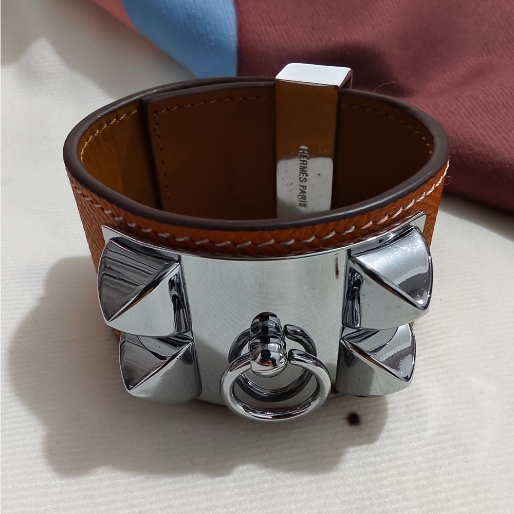 Hermes Orange and Silver Collier de Chien Leather Bracelet